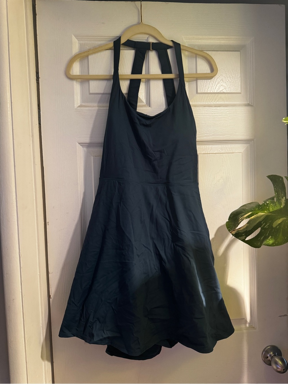 HALARA Dark Teal Blue Strappy Dress with but in bra and shorts